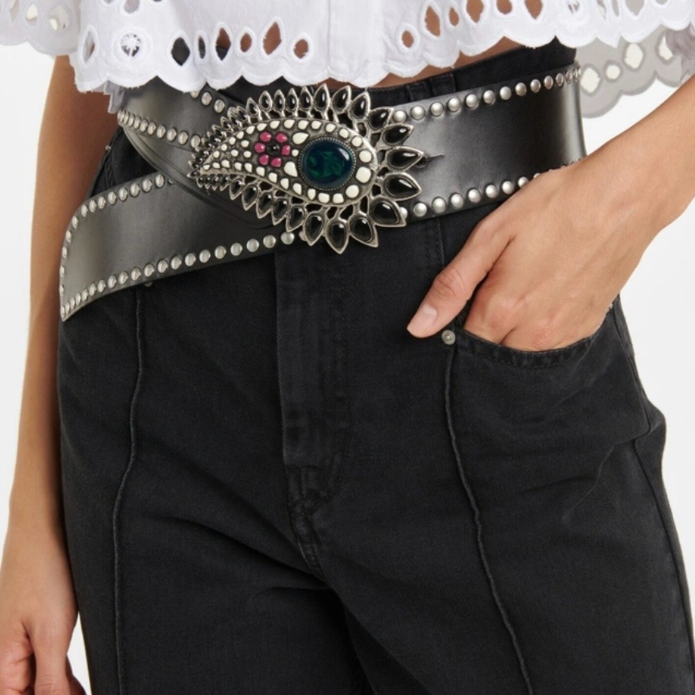ISABEL MARANT Aliette Black Studded Leather Belt with Stone Accents NEW - 75cm - Picture 1 of 9